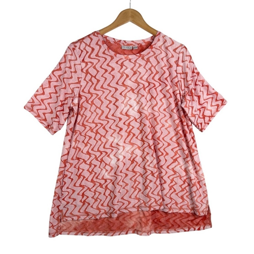 LOGO by Lori Goldstein Knit Wavy Jacquard High Low Top Large Pink Orange